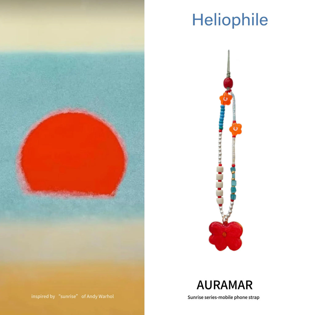 Heliophile Auramar Handmade Beaded Phone Strap | Andy Warhol Sunrise Inspired Red Flower Phone Charm